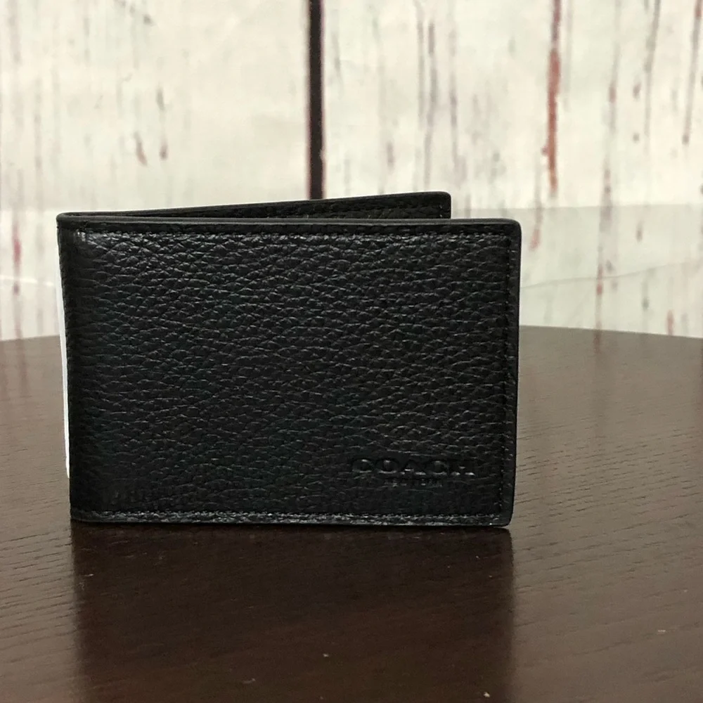 Coach Black Pebbled Leather Men's Compact Bi Fold Wallet